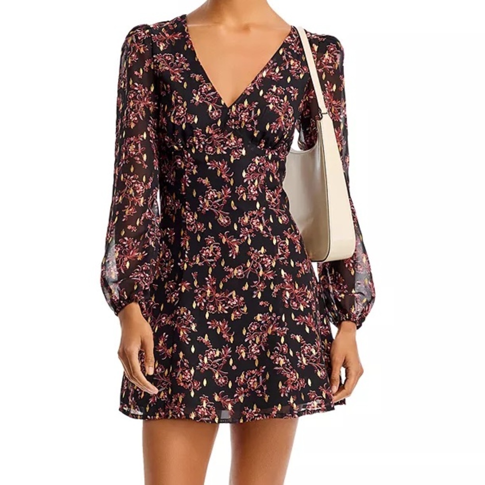 AQUA Floral Printed Foil Dot Long Sleeve Mini Dress